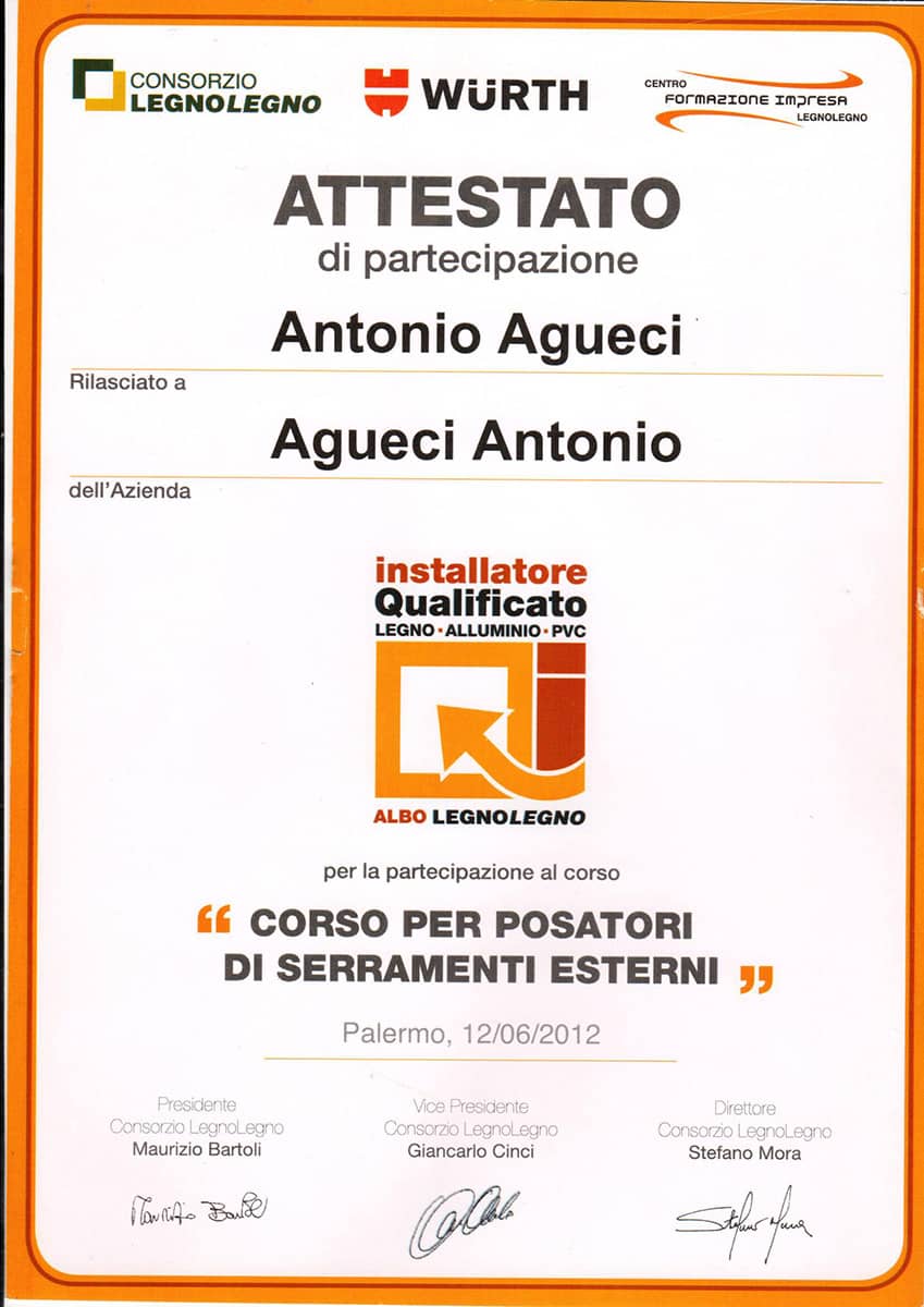 Falegnameria Agueci Antonio - attestato posatori di serramenti per esterni