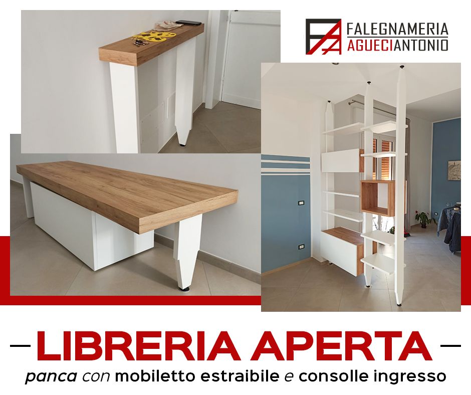 Mobili coordinati: libreria aperta, consolle e panca con mobiletto estraibile